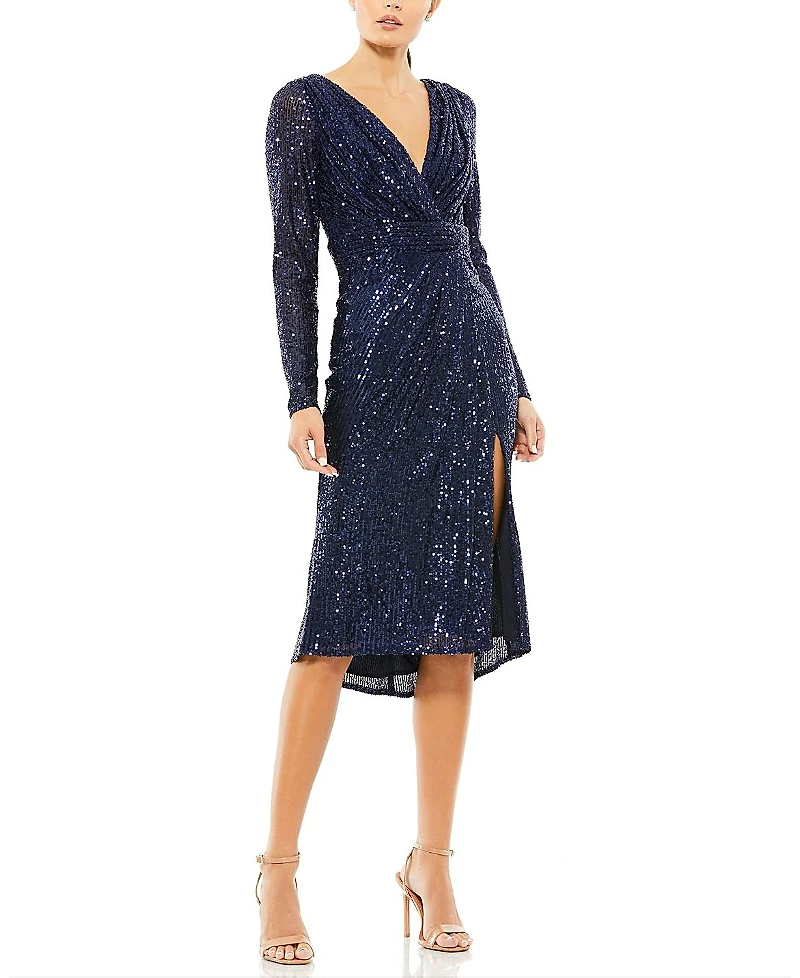 Mac Duggal Sequined Long Sleeve Midi Dress