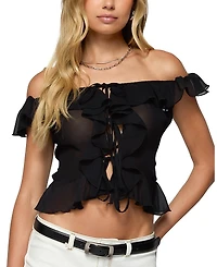 Edikted Sheer Chiffon Ruffled Off Shoulder Top