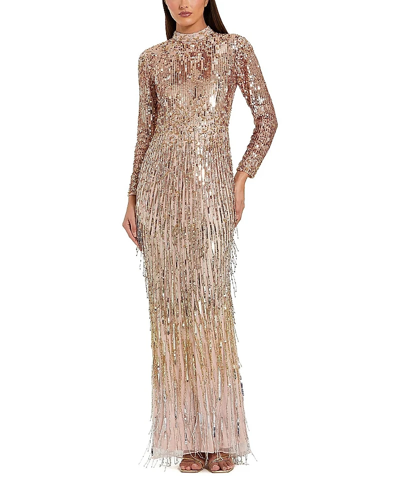 Mac Duggal Mock Neck Long Sleeve Sequin & Fringe Column Gown