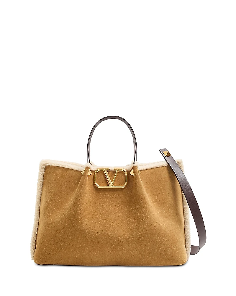 Valentino Garavani Medium VLogo Suede and Shearling Shopping Tote Bag