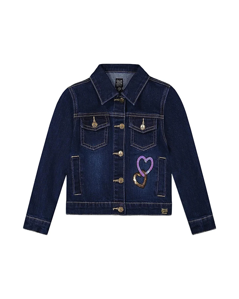 Deux par Girls' Stretch Denim Jacket with Glittery Hearts and Unicorn