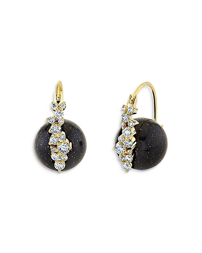 Sydney Evan 14K Yellow Gold Diamond & Blue Goldstone Vine Cluster Hoop Earrings