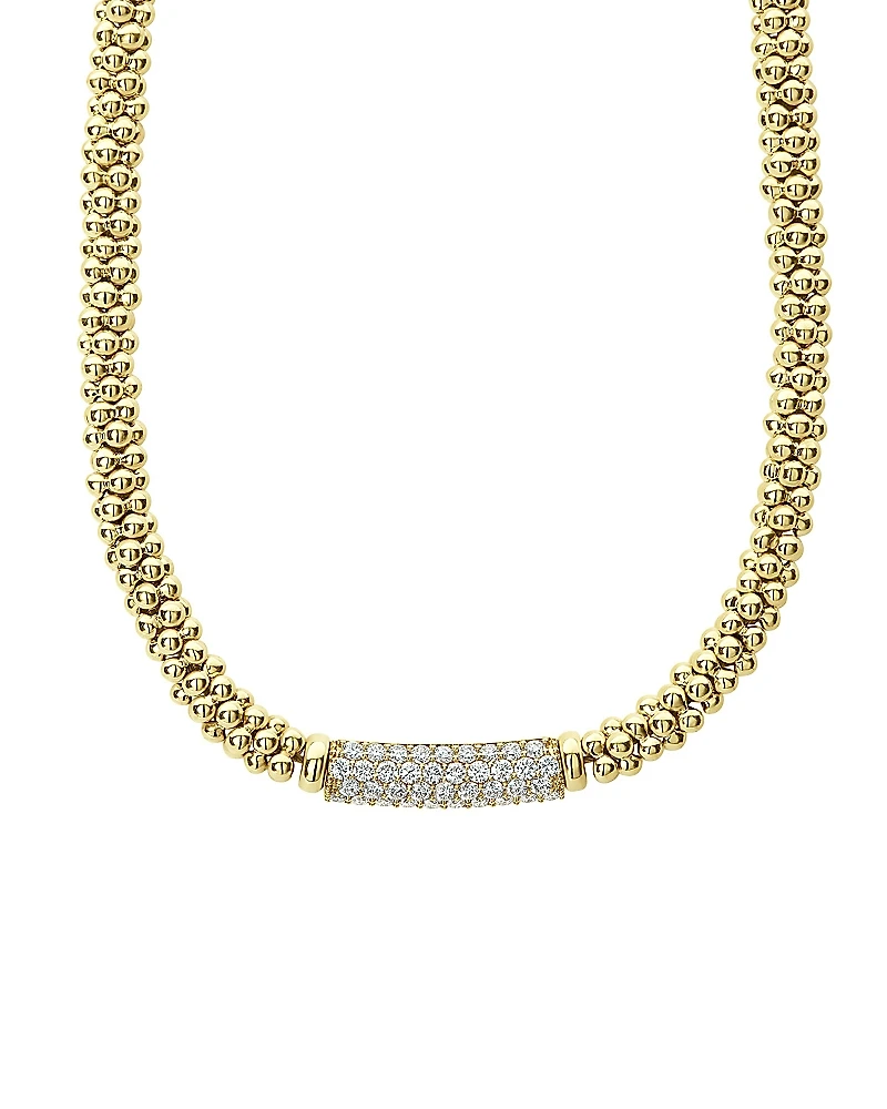 Lagos 18K Yellow Gold Caviar Gold Diamond Pave Station Beaded Collar Necklace, 16