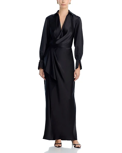 Aqua Satin Long Sleeve Maxi Gown - Exclusive