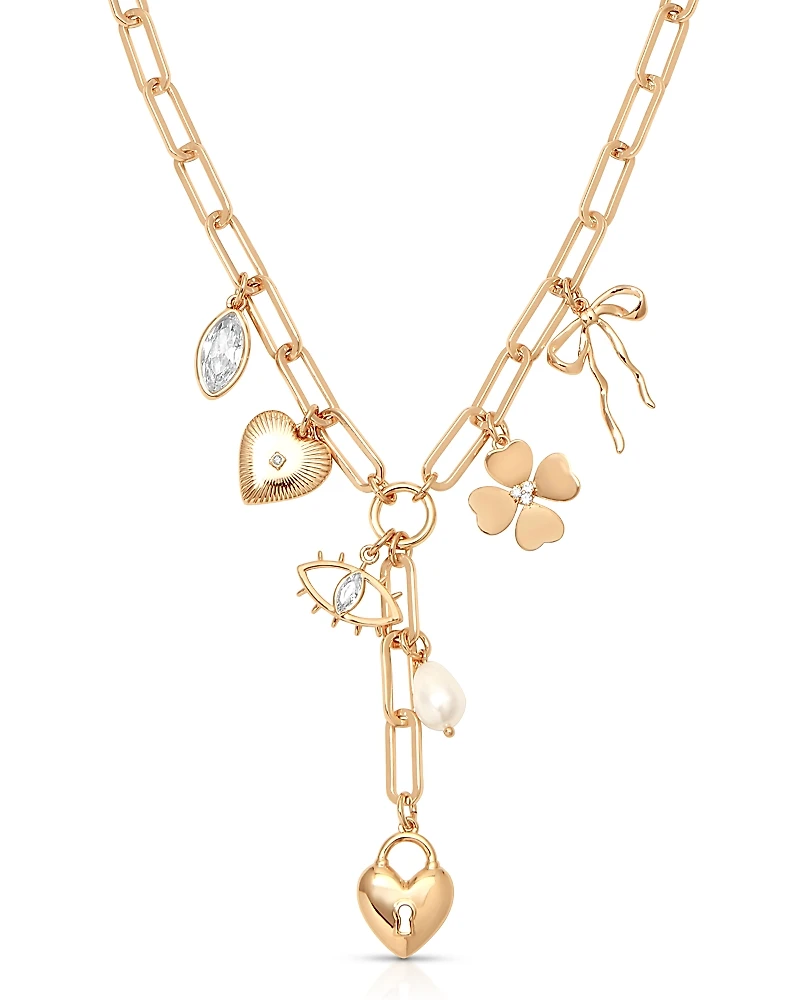 Ettika Cubic Zirconia & Cultured Freshwater Pearl Multi Charm Lariat Necklace, 17.5-20.5