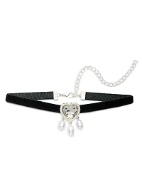 Aqua Rhinestone Heart & Imitation Pearl Charm Velvet Ribbon Choker Necklace, 12-14 - Exclusive