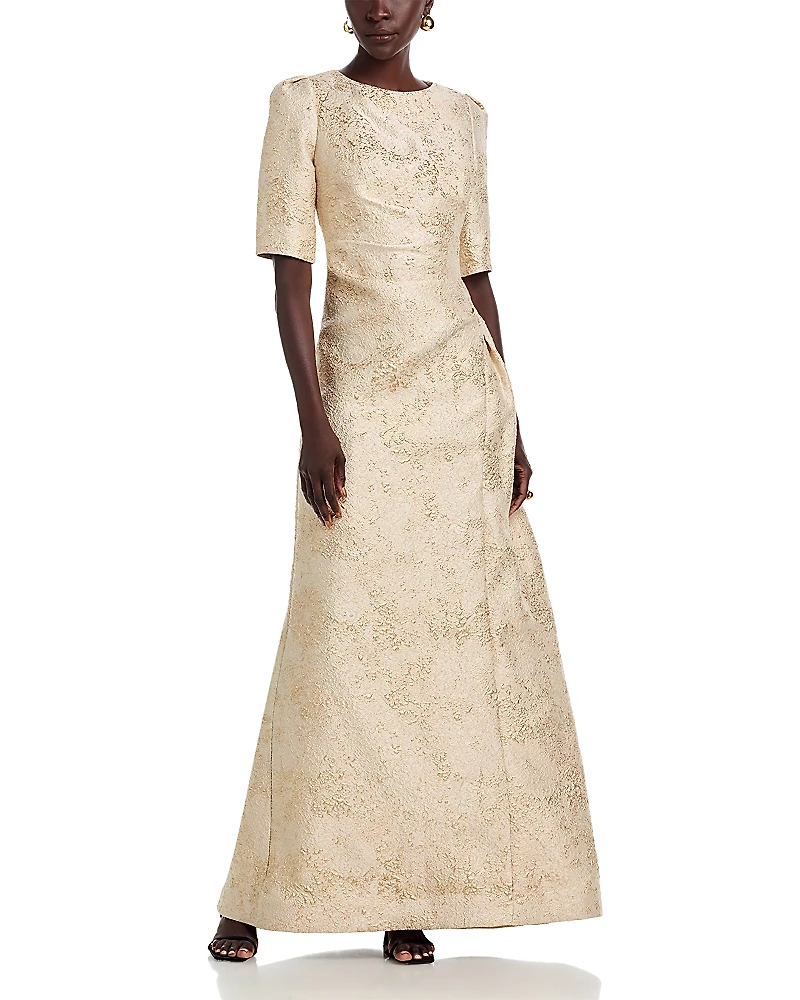 Teri Jon by Rickie Freeman Metallic Jacquard Short Sleeve Gown