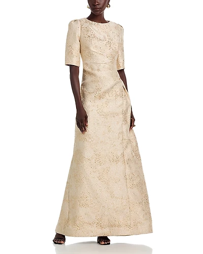 Teri Jon by Rickie Freeman Metallic Jacquard Short Sleeve Gown