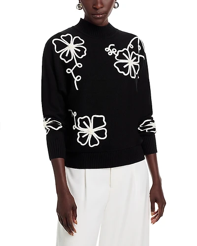 T Tahari Long Dolman Sleeve Mock Neck Flower Embroidery Sweater