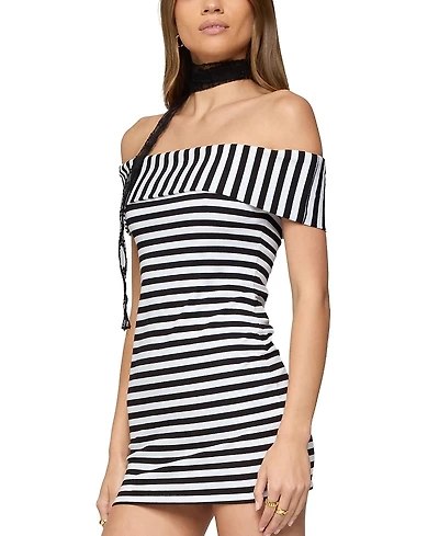Edikted Zivi Fold Over Striped Mini Dress