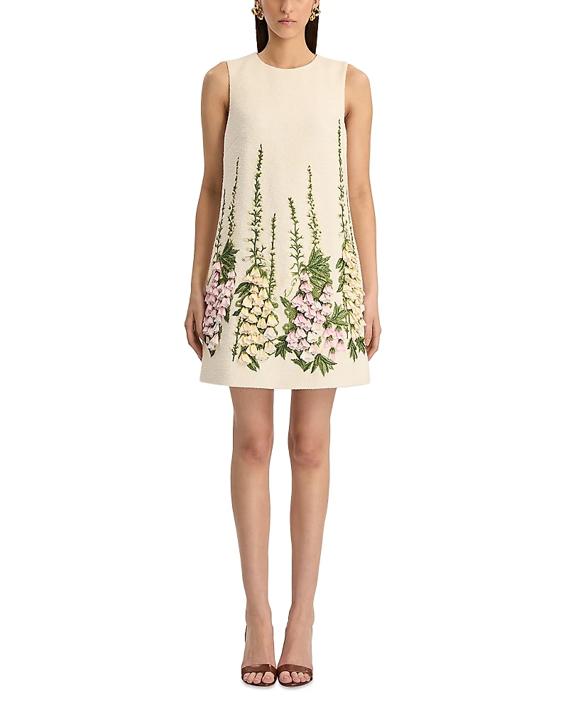 Oscar de la Renta Embroidered Foxglove Sleeveless Dress