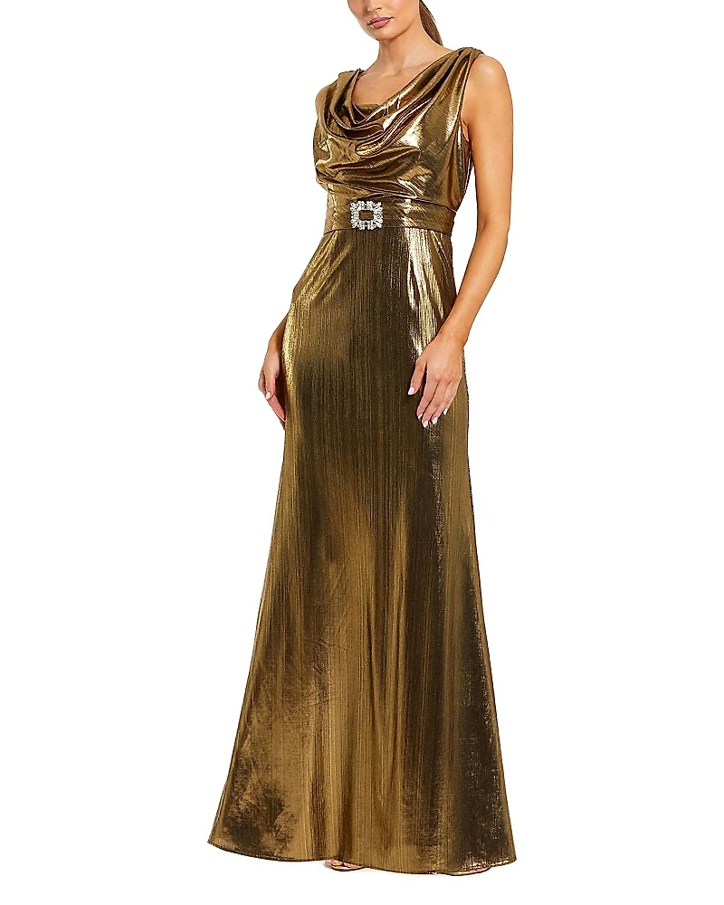 Mac Duggal Metallic Sleeveless Cowl Neck Gown with Belt