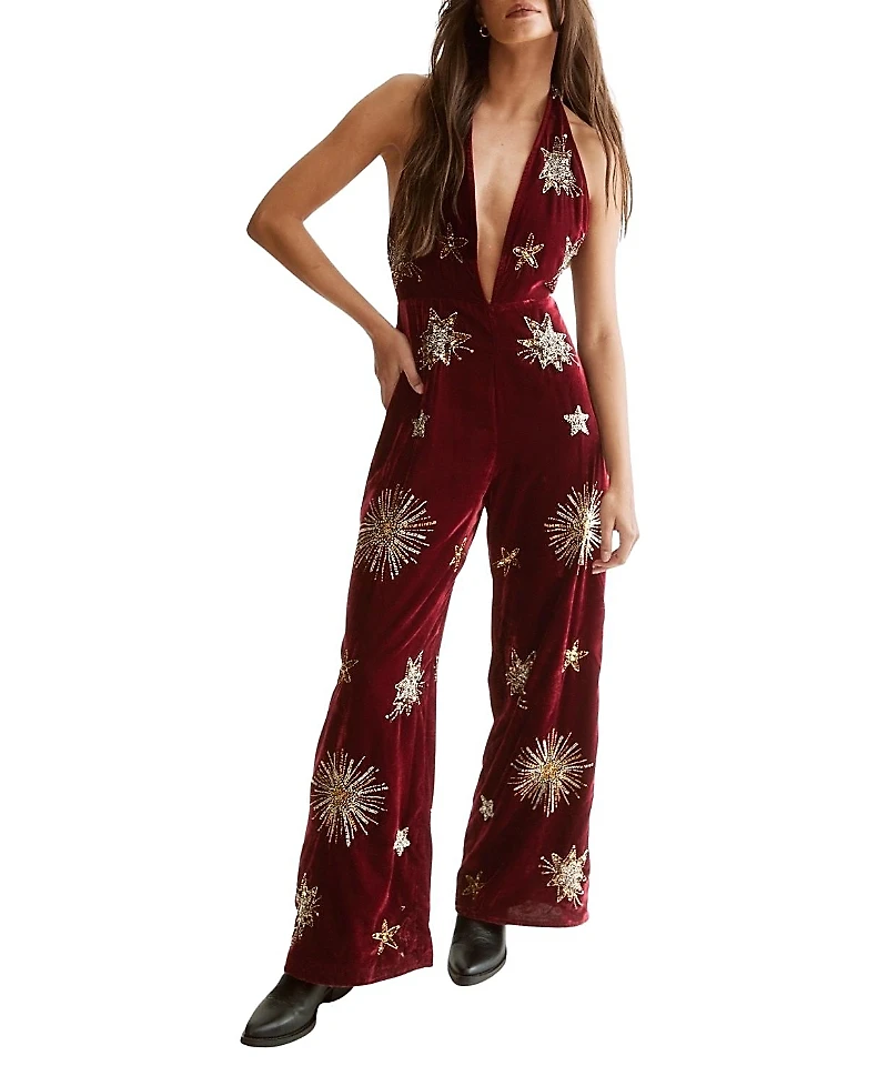 Nasty Gal Star Embellished Velvet Halter Jumpsuit