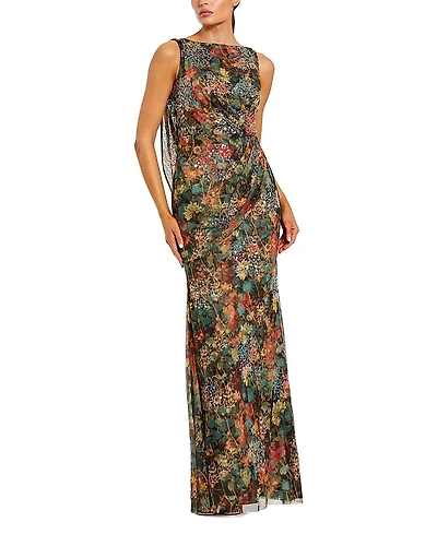 Mac Duggal Printed Mesh Cowl Back Column Gown