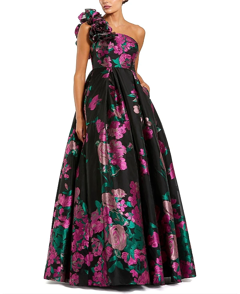 Mac Duggal One Shoulder Floral Brocade Ballgown