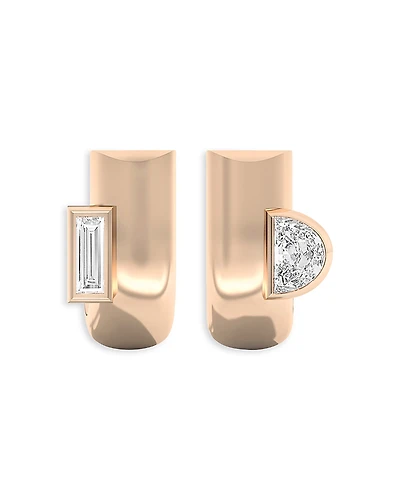 Shahla Karimi from the Luxe Collection Certified Lab Grown Diamond Half Moon & Baguette Cloud Asymmetrical Half Arc Huggie Hoop Earrings