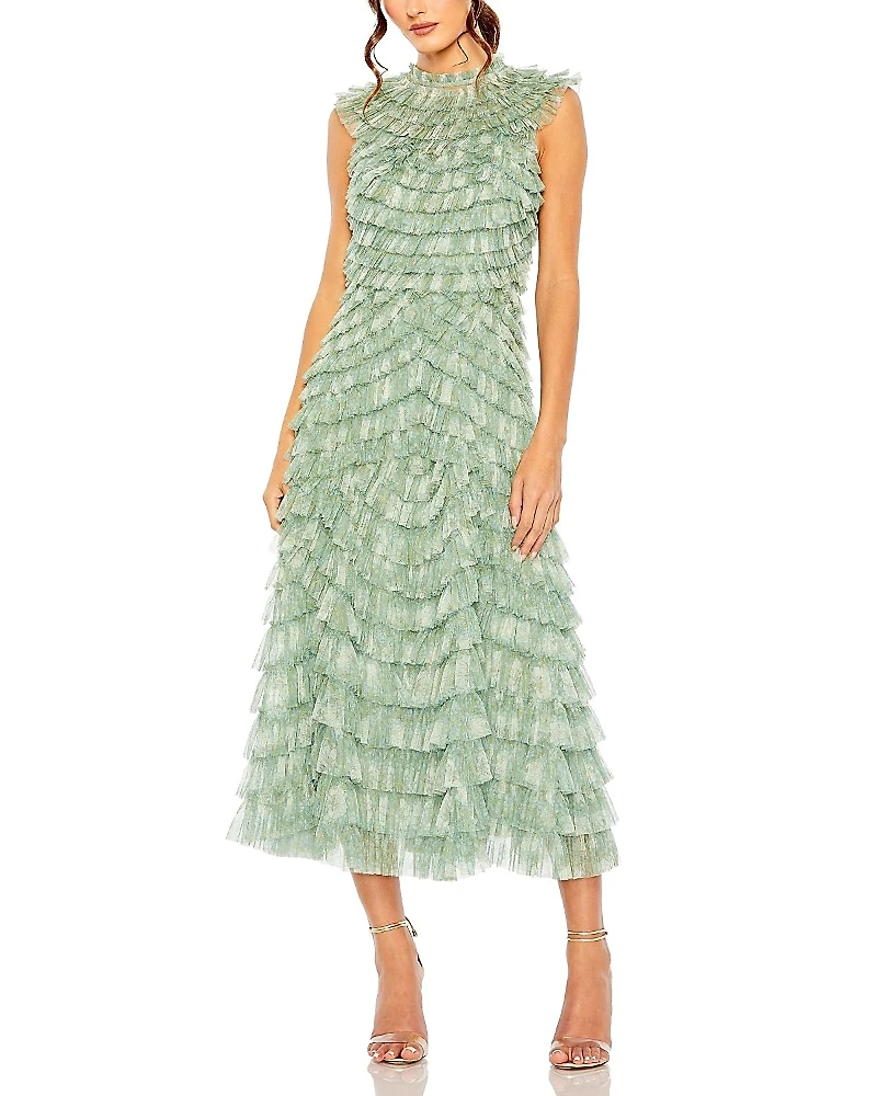 Mac Duggal Floral Ruffle Tiered Mesh Mock Neck Sleeveless Dress