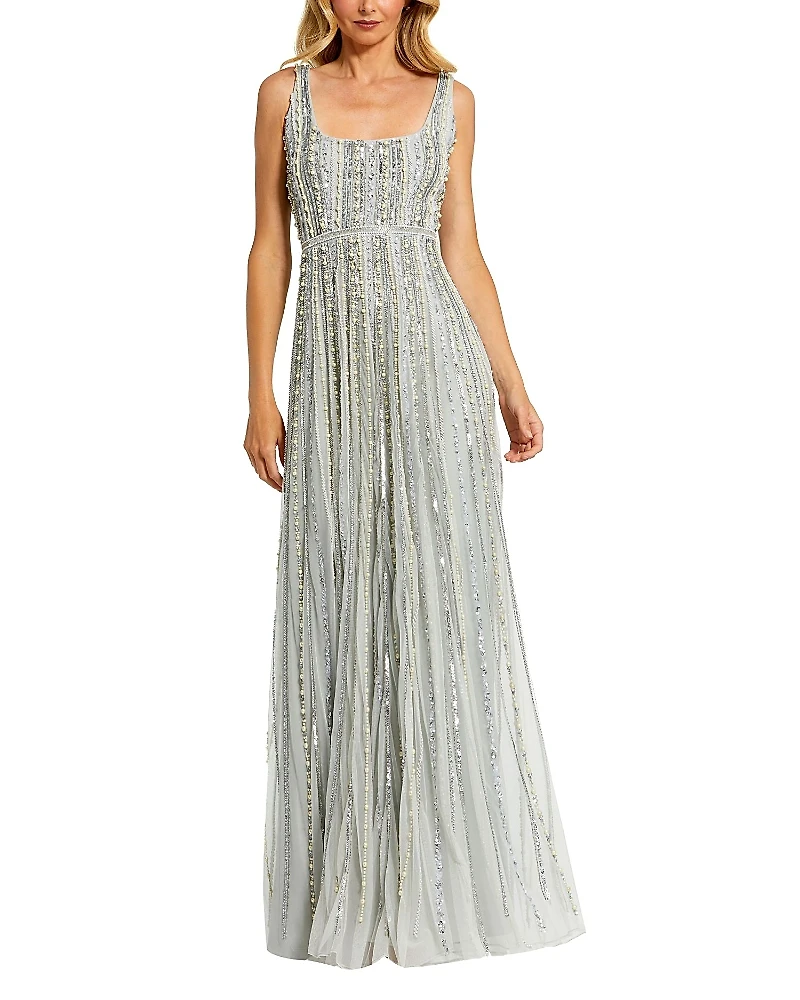 Mac Duggal Embellished A-Line Gown with Striped Details Dress