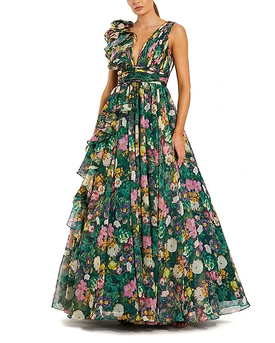 Mac Duggal Sleeveless V-Neck Printed Chiffon Ruffle Ballgown