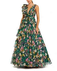 Mac Duggal Sleeveless V-Neck Printed Chiffon Ruffle Ballgown
