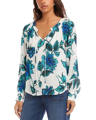 Karen Kane Blouson Sleeved Ruffle Tie Neck Peasant Top