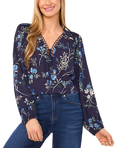 CeCe Pleated Shoulder Ring Trim Top