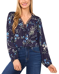 CeCe Pleated Shoulder Ring Trim Top