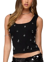 Edikted Zelena Faux Crystal Ribbed Tank Top