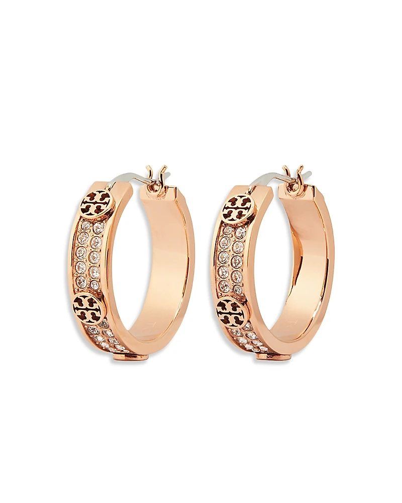 Tory Burch Miller Double T & Pave Studded Small Hoop Earrings