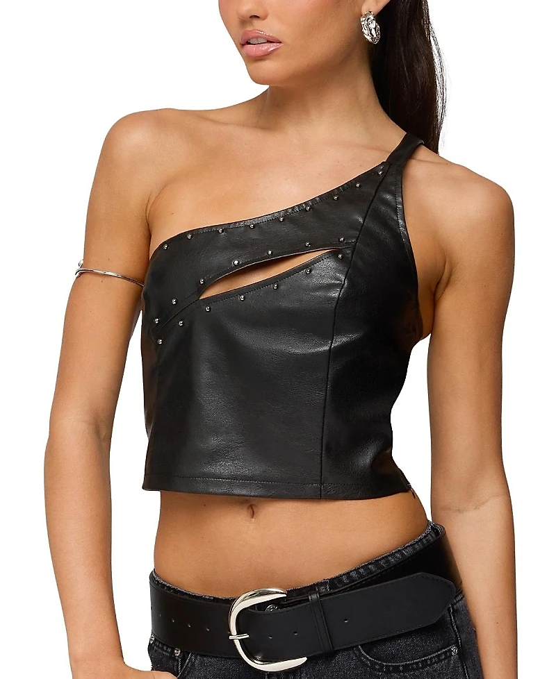 Edikted Asymmetric Cutout Faux Leather Top