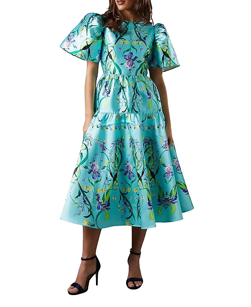 Coast Twill Puff Sleeve Printed Midi Dress