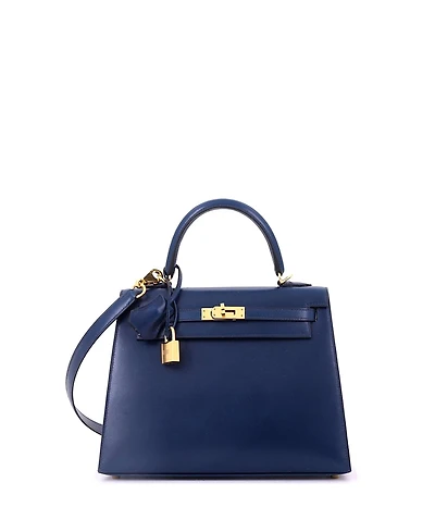 Pre-Owned HERMES Kelly 25 Handbag Blue Box Calf with Gold Hardware
