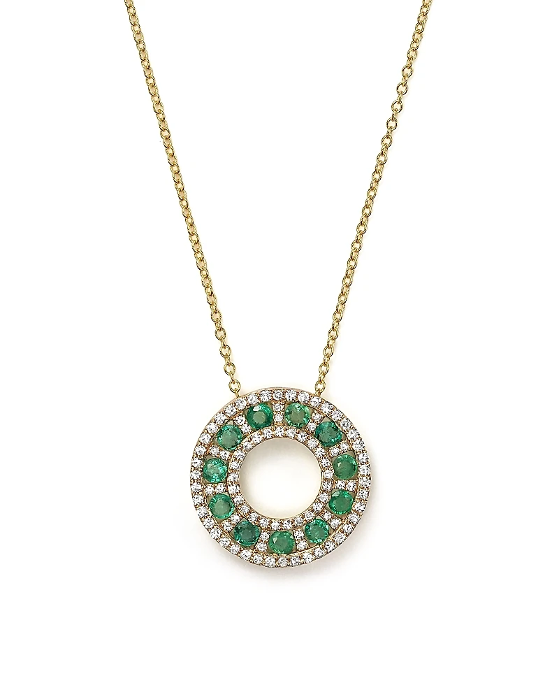 Emerald and Diamond Circle Pendant Necklace