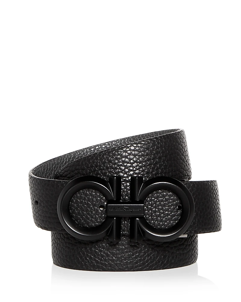 Salvatore Ferragamo Men's Double Gancini Black Buckle Reversible Leather Belt