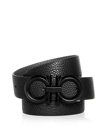 Salvatore Ferragamo Men's Double Gancini Black Buckle Reversible Leather Belt