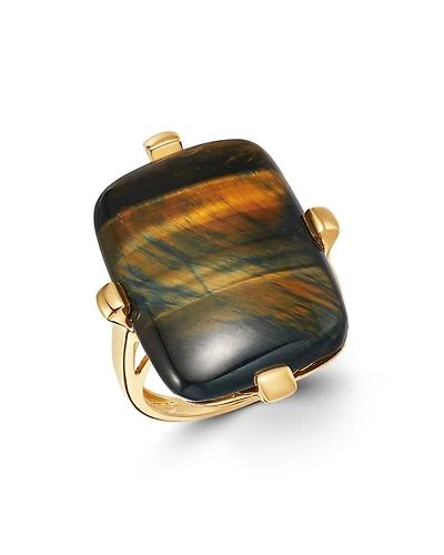 Blue Tiger Eye Statement Ring in 14K Yellow Gold