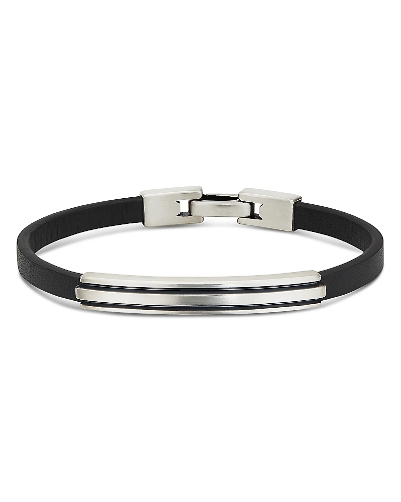 David Yurman Sterling Silver Deco Black Leather Id Bracelet