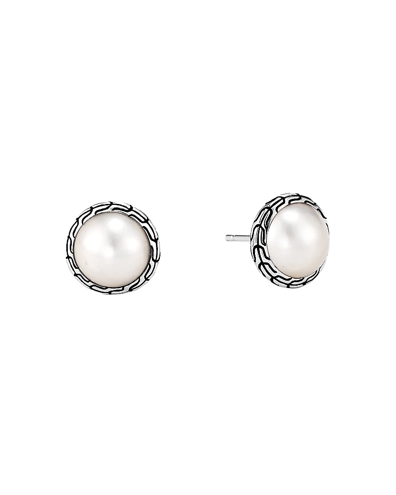 John Hardy Sterling Silver Classic Chain Mabe Cultured Freshwater Pearl Stud Earrings