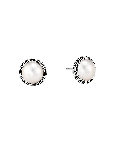 John Hardy Sterling Silver Classic Chain Mabe Cultured Freshwater Pearl Stud Earrings