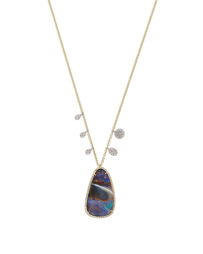 14K Yellow Gold Opal & Diamond Pendant Necklace, 18"