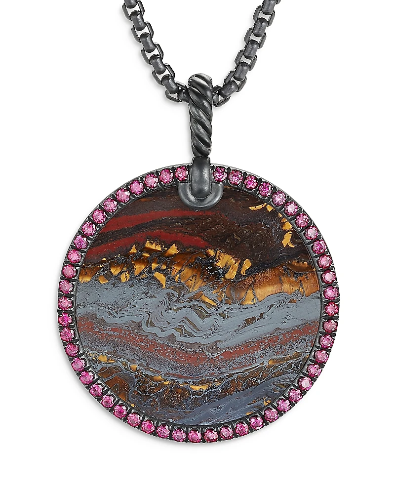David Yurman Sterling Silver Dy Elements Artist Series Disc Pendant with Tiger Iron & Purple Sapphires
