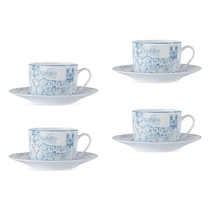 Bernardaud Tout Paris Set of 4 Tea Cups & Saucers