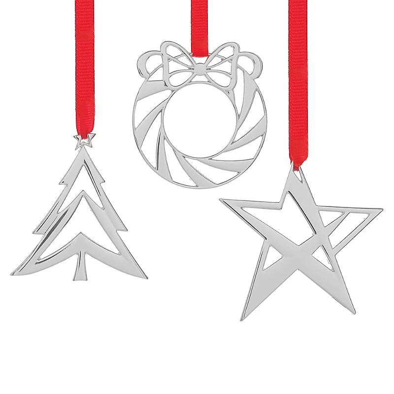 Nambe Tree, Wreath & Star Mini Ornaments, Set of 3