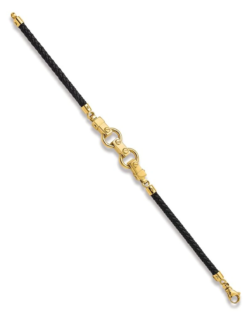 Men's Fancy Link Leather Bracelet in 14K Yellow Gold
