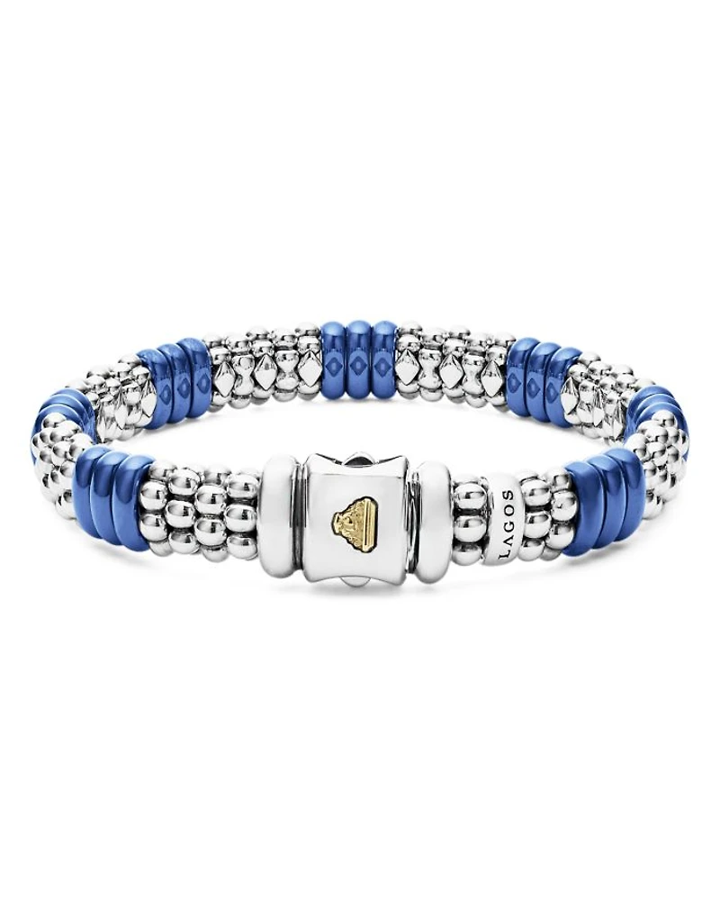 18K Yellow Gold & Sterling Silver Blue Ceramic Rondelle Caviar Bead Statement Bracelets