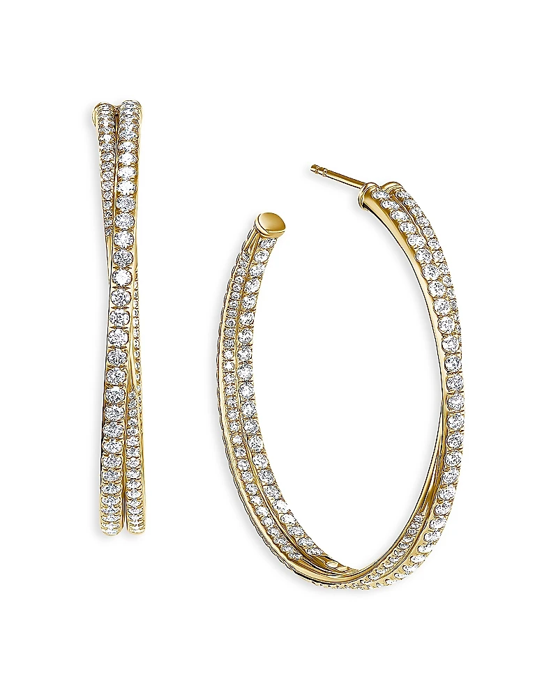 David Yurman 18K Yellow Gold Diamond Crossover Hoop Earrings