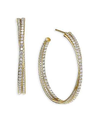 David Yurman 18K Yellow Gold Diamond Crossover Hoop Earrings