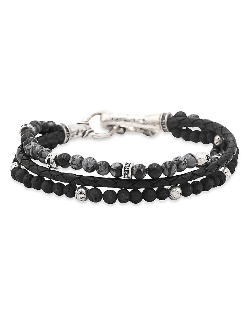 John Varvatos Men's Sterling Silver Skull Obsidian, Lava Stone, & Black Leather Triple Strand Bracelet