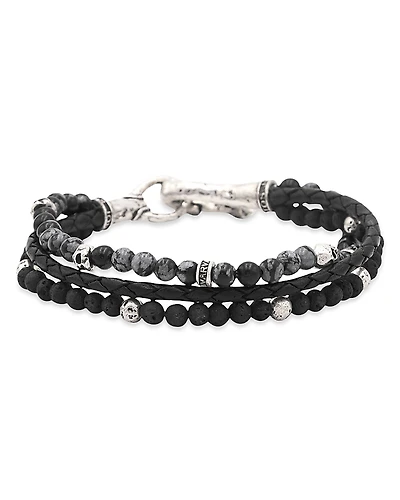 John Varvatos Men's Sterling Silver Skull Obsidian, Lava Stone, & Black Leather Triple Strand Bracelet