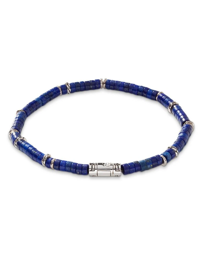 Men's Sterling Silver Classic Chain Lapis Lazuli Bead Heishi Bracelet